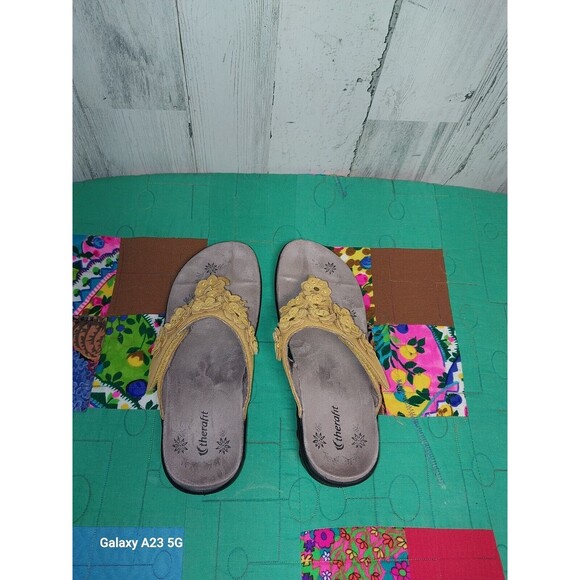 Therafit Floral Women's Adjustable Yellow Leather Sandals Size 6.5-7 - Picture 7 of 8